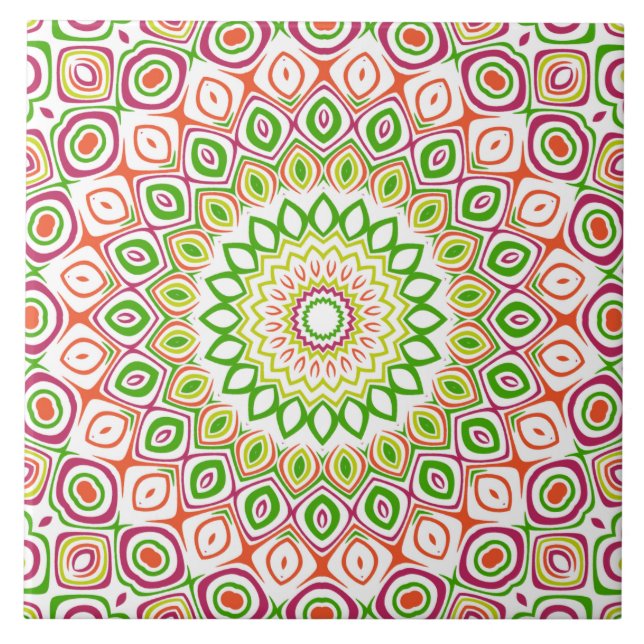 Bright Green and Magenta Mandala Pattern Ceramic Tile (Front)