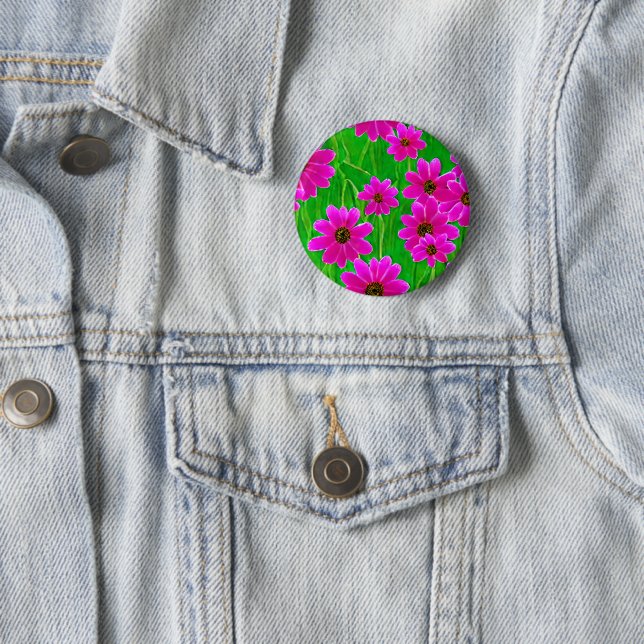 Bright Green and Pink Flower Pattern  6 Cm Round Badge (In Situ)