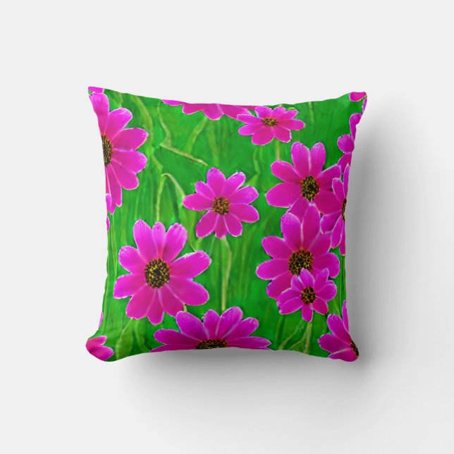 Bright Green and Pink Flower Pattern Cushion (Front)