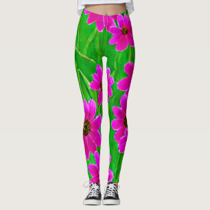Bright Green and Pink Flower Pattern  Leggings