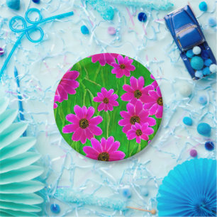 Bright Green and Pink Flower Pattern Paper Plate