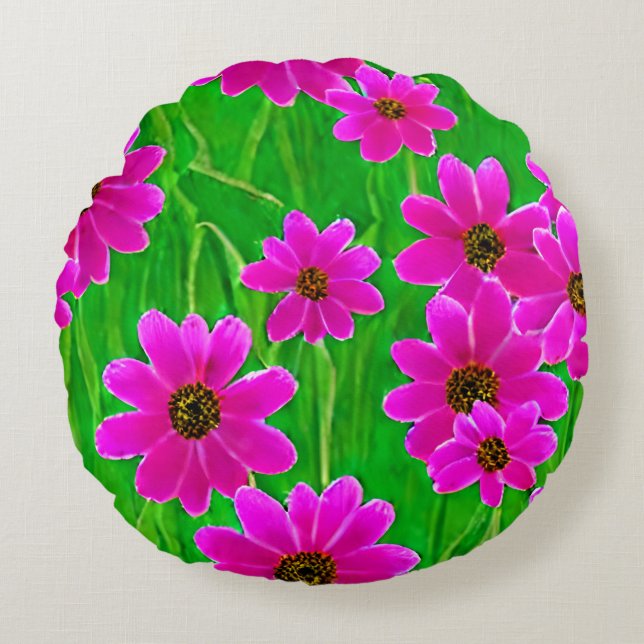 Bright Green and Pink Flower Pattern  Round Cushion (Front)