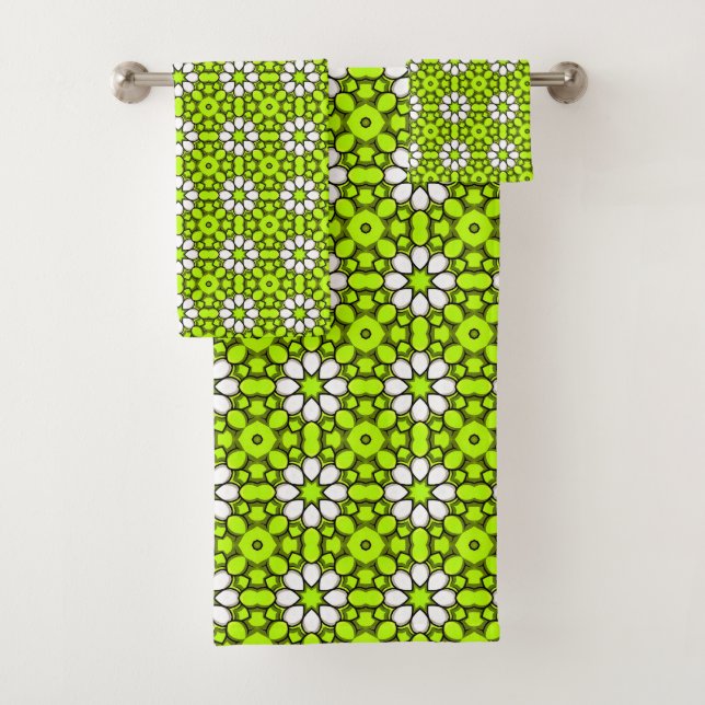 Bright green and white floral patterned bath towel set (Insitu)