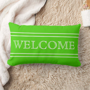 Bright Green and White Stripe Welcome Personalised Lumbar Cushion