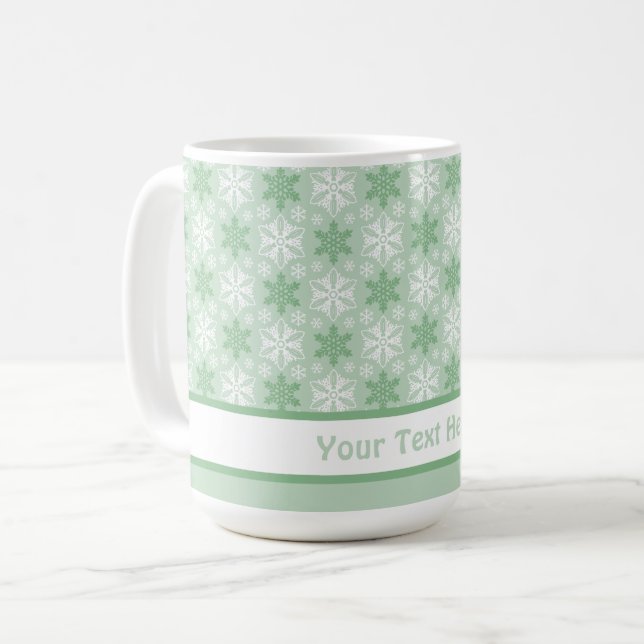 Bright Green and Winter White Snowflake Pattern Coffee Mug (Front Left)