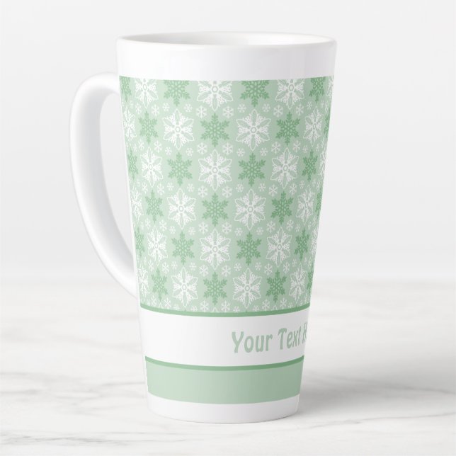 Bright Green and Winter White Snowflake Pattern Latte Mug (Left Angle)
