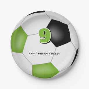 bright green black soccer ball kids birthday party paper plate