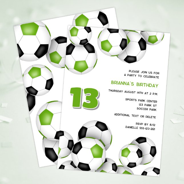 bright green black soccer balls kids birthday invitation (Creator Uploaded)