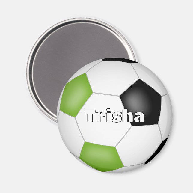 bright green black soccer themed custom name magnet (Front/Back)