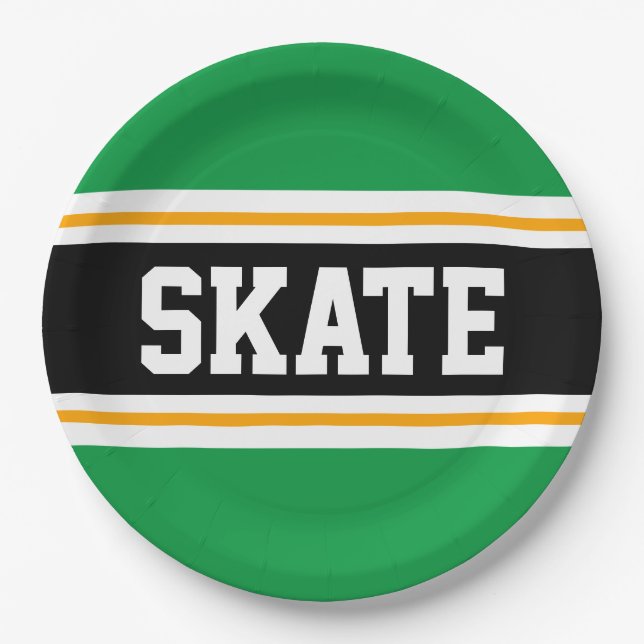 Bright Green Black Yellow SKATE Racing Stripes Paper Plate (Front)