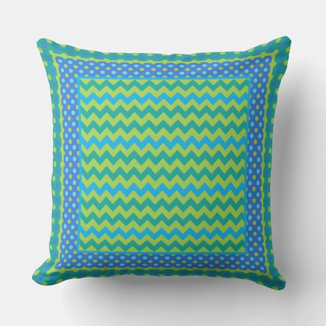 Bright Green, Blue Chevrons, Polka Dots Cushion (Front)