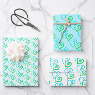 Bright Green Blue Linked Heart Pattern  Wrapping Paper Sheet