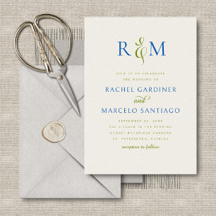 Bright Green Blue Simple Monogram Wedding Invitation