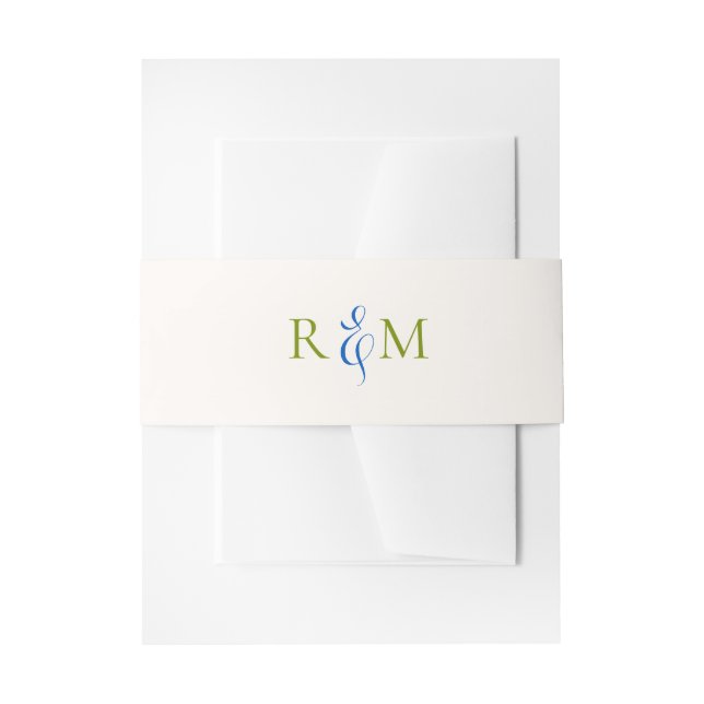 Bright Green Blue Simple Monogram Wedding Invitation Belly Band (Front Example)