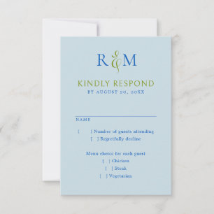 Bright Green Blue Simple Monogram Wedding RSVP Card