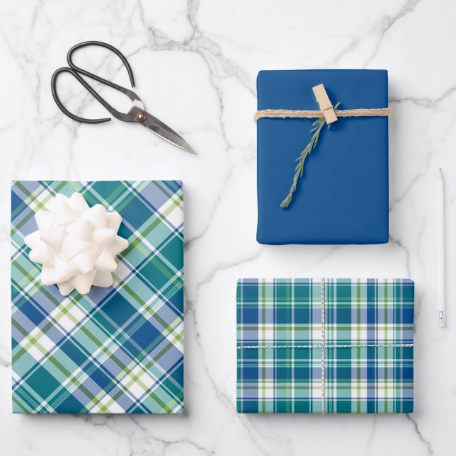 Bright Green, Blue & White Plaid Wrapping Paper Sheet (Front)