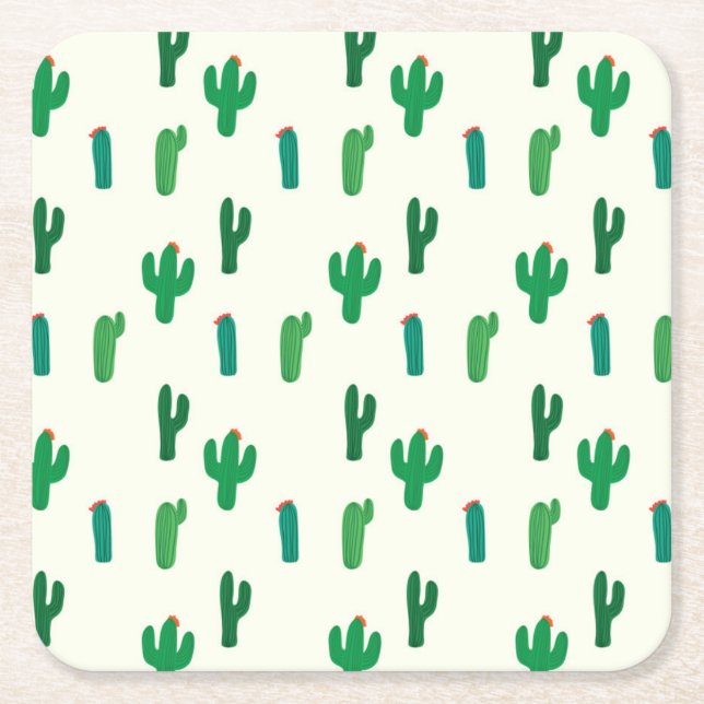 Bright Green Cactus Pattern Square Paper Coaster (Front)