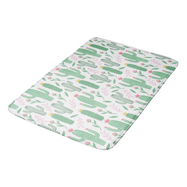 Bright Green Cactus Succulent Blossoms Pattern Bath Mat (Angled)