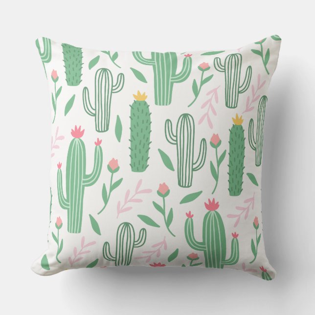 Bright Green Cactus Succulent Blossoms Pattern Cushion (Front)