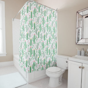 Bright Green Cactus Succulent Blossoms Pattern Shower Curtain