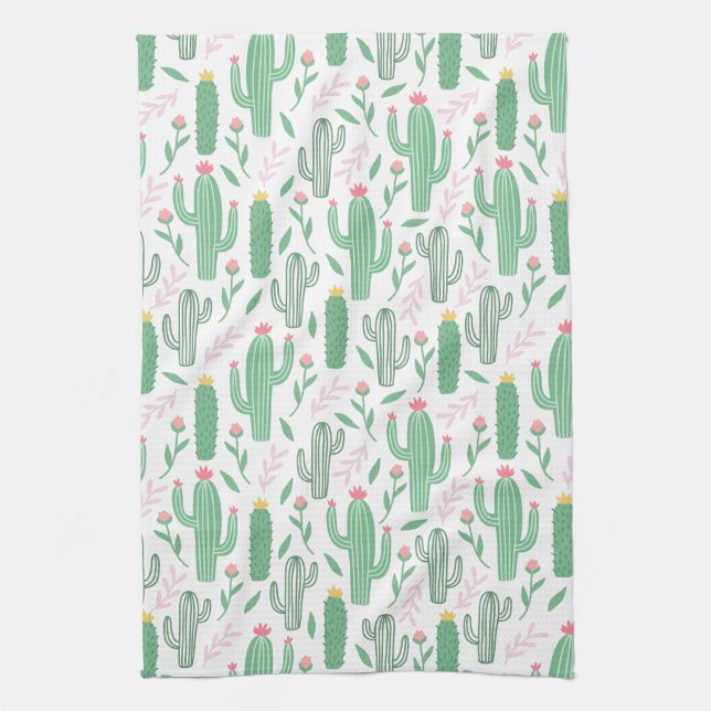 Bright Green Cactus Succulent Blossoms Pattern Tea Towel (Vertical)