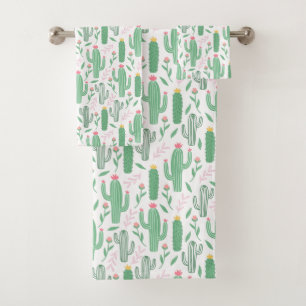 Bright Green Cactus Succulent Pattern Bath Towel Set