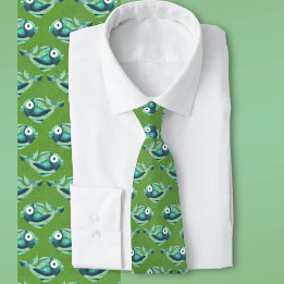 Bright Green Cartoon Fish Pattern  Tie