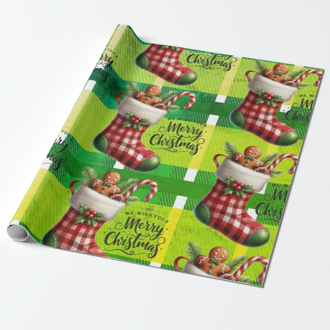 Bright Green Christmas Plaid Holiday Gingerbread  Wrapping Paper (Unrolled)