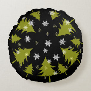 Bright Green Christmas Trees on Black Background Round Cushion