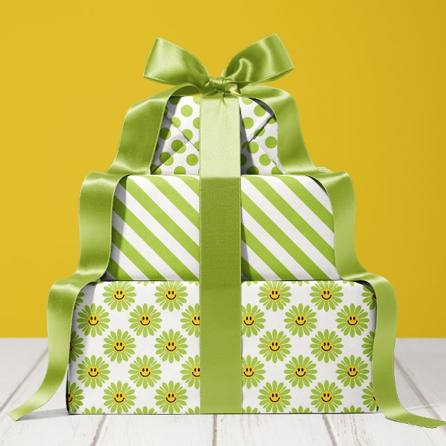 Bright Green Daisy Floral Stripes Polka Dot  Wrapping Paper Sheet (Creator Uploaded)