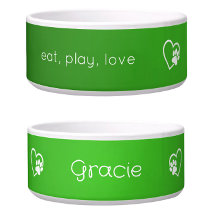Bright Green Eat Play Love Custom Dog Name Bowl