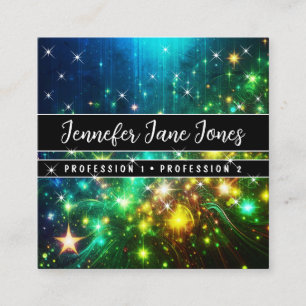 Bright Green Galaxy Nebula Glitter Rain Stars Square Business Card