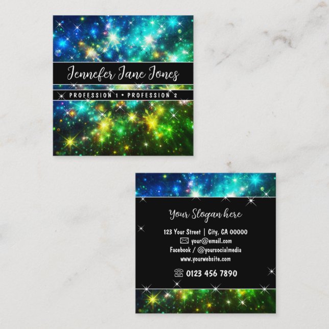 Bright Green Galaxy Nebula Glitter Stars     Square Business Card (Front/Back)