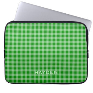 Bright Green Gingham Pattern Personalised Laptop Sleeve