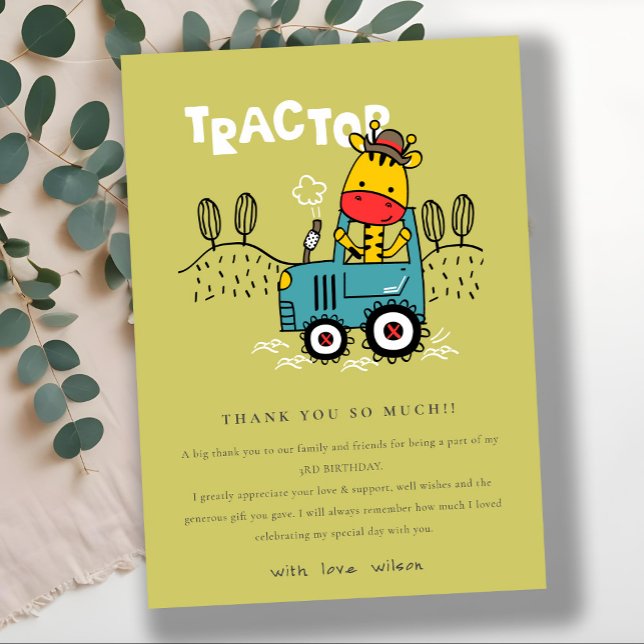 Bright Green Giraffe In Farm Tractor Boys Birthday Thank You Card (Creator Uploaded)