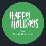 Bright Green Happy Holidays Custom Family Name Classic Round Sticker<br><div class="desc">Send your holiday cheer with a modern touch using these minimalist Happy Holidays round stickers in green. Featuring a clean and simple design, these classic stickers are personalised with your name for a sleek, festive look. Perfect for sealing holiday cards, gift tags, or party favours, these custom stickers add a...</div>
