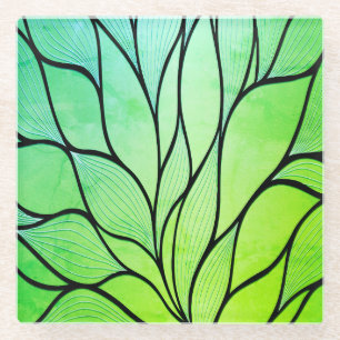Bright Green Hues Creative Leave Pattern Glass Coaster