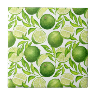 Bright Green Lime Watercolor Lemon Pattern Ceramic Tile