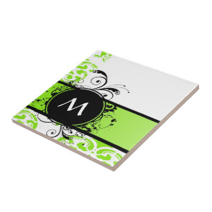 Bright green monogram pattern ceramic tile