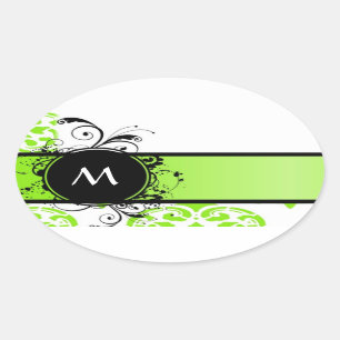 Bright green monogram pattern oval sticker