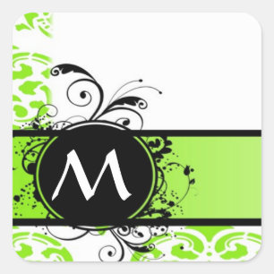 Bright green monogram pattern square sticker