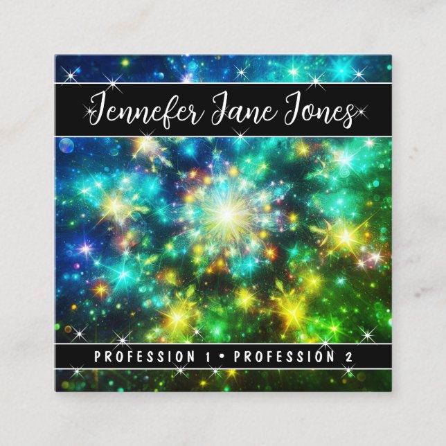 Bright Green Mystic Sky Nebula Glitter Stars Square Business Card (Front)