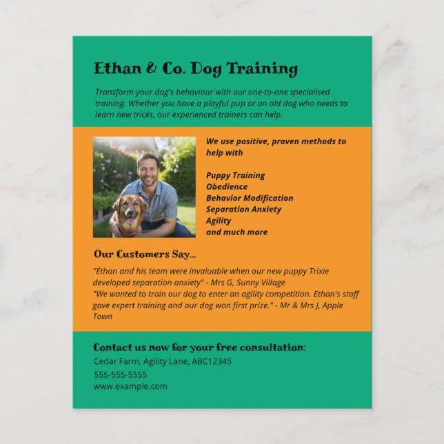 Bright Green Orange Dog Training Pet Services Flyer (Front)