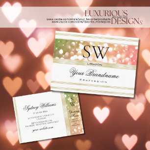 Bright Green Pink Glitter Monogram White and Gold Business Card