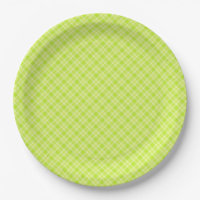 Bright green plaid paper plate (Front)
