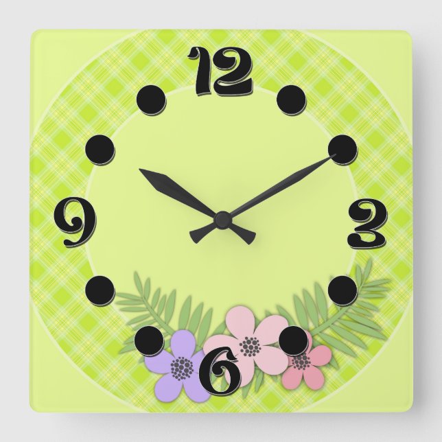 Bright green plaid square wall clock (Front)