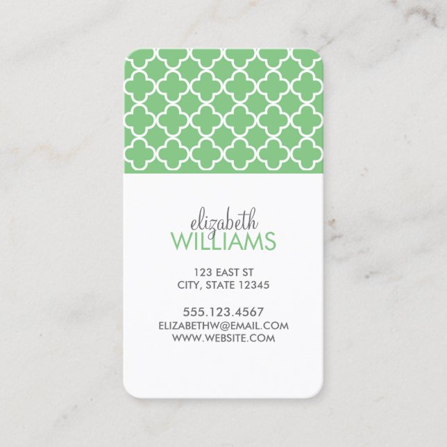 Bright Green Quatrefoil Pattern Business Card (Front)