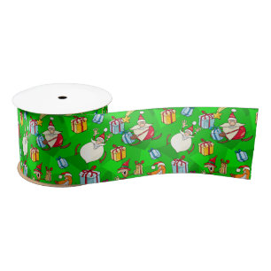 Bright Green Santa & Elves Christmas Satin Ribbon