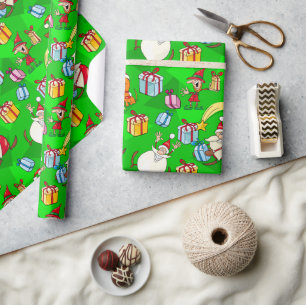 Bright Green Santa & Elves Christmas Wrapping Paper