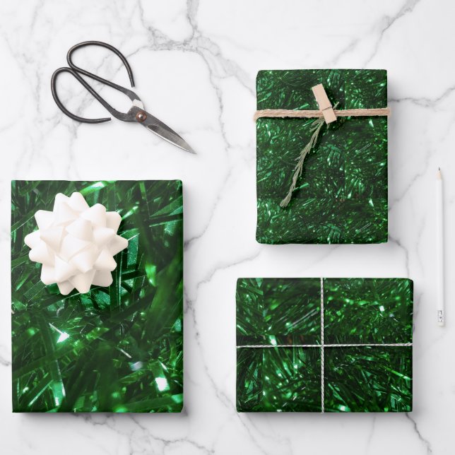 bright green shiny christmas tree tinsel wrapping paper sheet (Front)